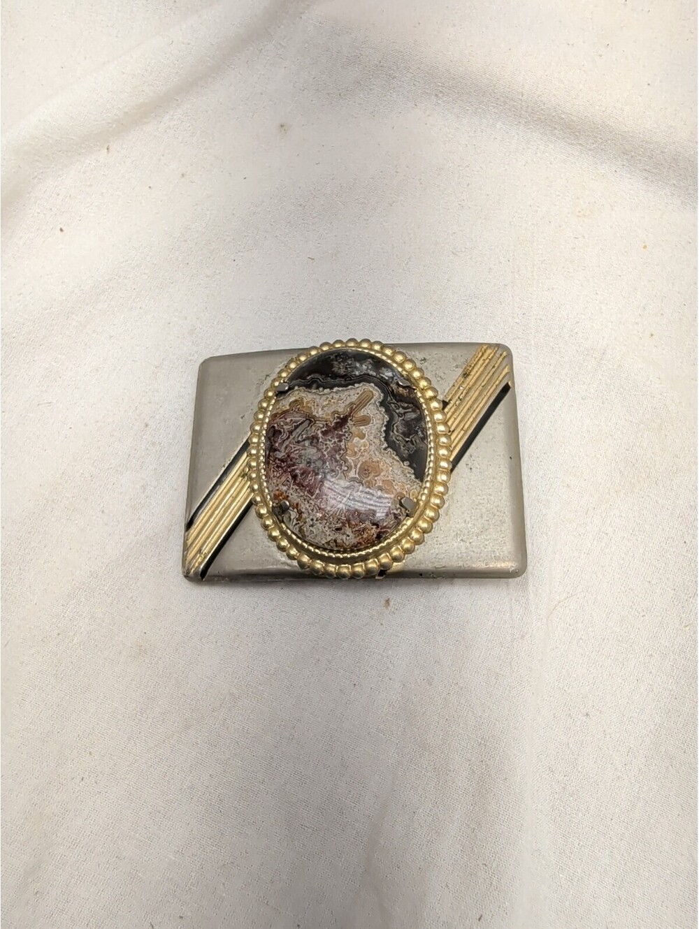 Unisex Belt Buckle, metal with a Brown & Cream-Colored Stone, 2 1/2" X 2"